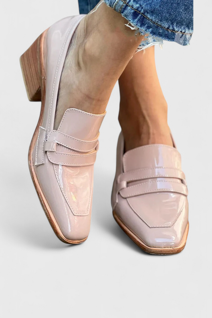 Helena™ | Mocassins en Cuir Verni Rose Sasha avec Bout Carré et Talon Haut