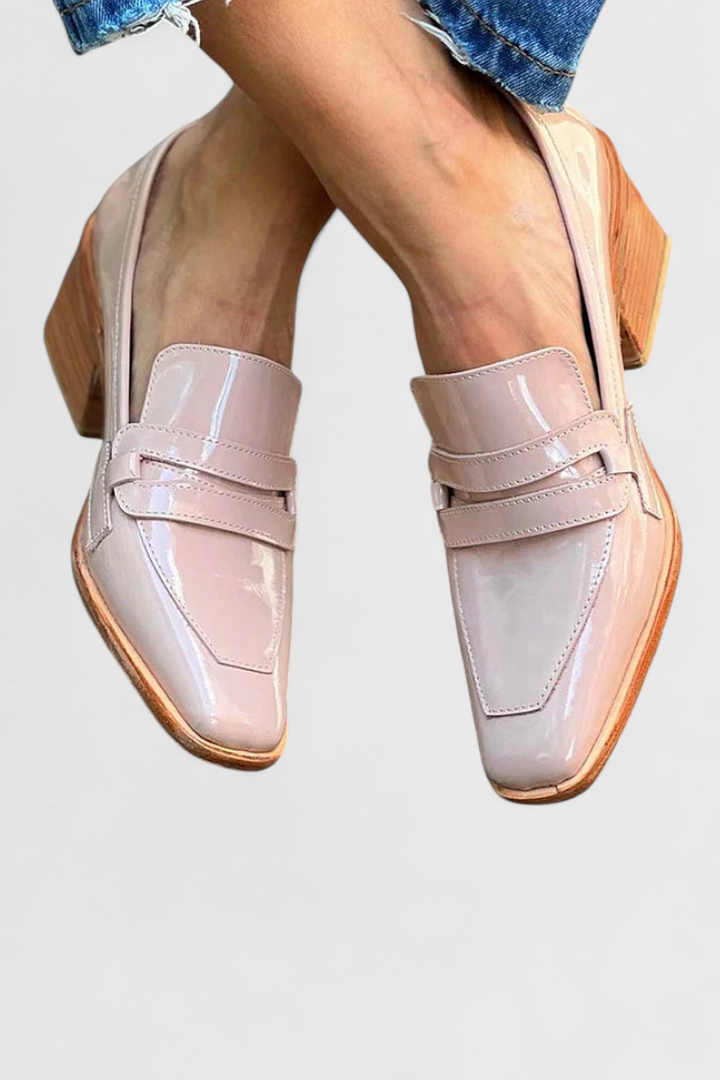 Helena™ | Mocassins en Cuir Verni Rose Sasha avec Bout Carré et Talon Haut